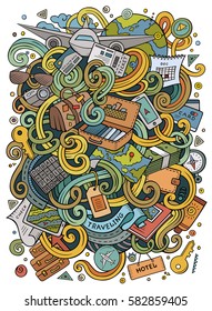 Cartoon cute doodles hand drawn traveling illustration. Colorful detailed, with lots of objects background. Funny vector artwork. Bright colors picture with travel planning theme items