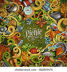 Cartoon cute doodles hand drawn picnic frame design. Colorful detailed, with lots of objects background. Funny vector illustration. Bright colors border with nature theme items