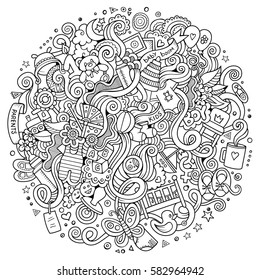 Cartoon cute doodles hand drawn Baby illustration. Line art detailed, with lots of objects background. Funny vector artwork. Sketchy picture with children theme items