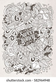 Cartoon cute doodles hand drawn Honey illustration. Line art detailed, with lots of objects background. Funny vector artwork.