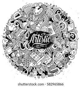 Cartoon cute doodles hand drawn Artistic illustration. Line art detailed, with lots of objects background. Funny vector artwork