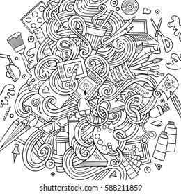 Cartoon cute doodles hand drawn Design illustration. Line art detailed, with lots of objects background. Funny vector artwork. Sketchy picture with Artistic theme