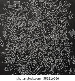 Cartoon cute doodles hand drawn Artistic illustration. Chalk board detailed, with lots of objects background. Funny vector artwork