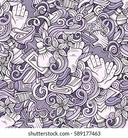 Cartoon cute doodles hand drawn Spa, Massage seamless pattern. Line art detailed, with lots of objects background. Endless funny vector illustration