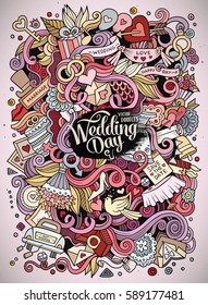 Cartoon cute doodles hand drawn wedding illustration. Colorful detailed, with lots of objects background. Funny vector artwork. Bright colors picture with love items