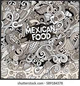 Cartoon cute doodles hand drawn Mexican food frame design. Line art detailed, with lots of objects background. Funny vector illustration. Sketchy border with latin american cuisine theme items