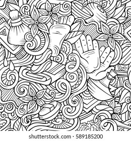 Cartoon cute doodles hand drawn Spa, Massage seamless pattern. Sketchy detailed, with lots of objects background. Endless funny vector illustration