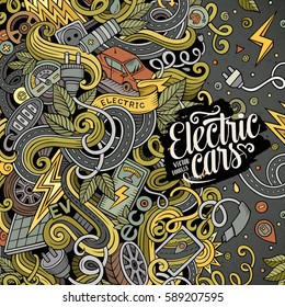 Cartoon cute doodles hand drawn electric cars frame design. Colorful detailed, with lots of objects background. Funny vector illustration. Bright colors border