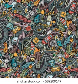 Cartoon cute doodles hand drawn Cars seamless pattern. Colorful detailed, with lots of objects background. Endless funny automobile vector illustration