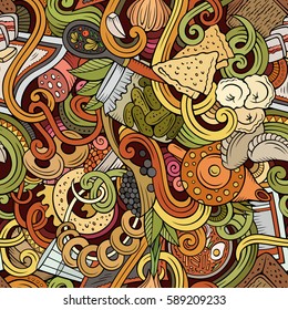 Cartoon cute doodles hand drawn Slavic food seamless pattern. Colorful detailed, with lots of objects background. Endless funny cuisine vector illustration
