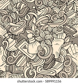 Cartoon cute doodles hand drawn Spa, Massage seamless pattern. Line art detailed, with lots of objects background. Endless funny vector illustration
