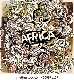 Cartoon cute doodles hand drawn Africa illustration. Watercolor detailed, with lots of objects background. Funny vector artwork. Contour picture with african theme items