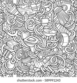 Cartoon cute doodles hand drawn Bathroom seamless pattern. Line art detailed, with lots of objects background. Endless funny vector illustration
