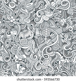 Cartoon cute doodles hand drawn Indian culture seamless pattern. Sketchy detailed, with lots of objects background. Endless funny vector illustration. Line art backdrop