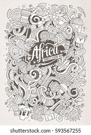 Cartoon cute doodles hand drawn Africa illustration. Line art detailed, with lots of objects background. Funny vector artwork. Contour picture with african theme items