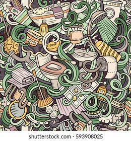 Cartoon cute doodles hand drawn Bathroom seamless pattern. Colorful detailed, with lots of objects background. Endless funny vector illustration
