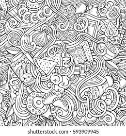 Cartoon cute doodles hand drawn Slavic food seamless pattern. Line art detailed, with lots of objects background. Endless funny cuisine vector illustration