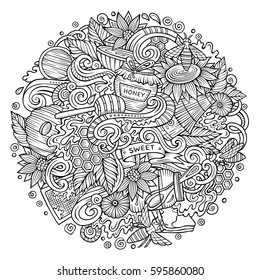 Cartoon cute doodles hand drawn Honey illustration. Line art detailed, with lots of objects background. Funny vector artwork.
