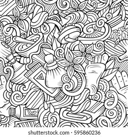 Cartoon cute doodles hand drawn Spa, Massage seamless pattern. Sketchy detailed, with lots of objects background. Endless funny vector illustration