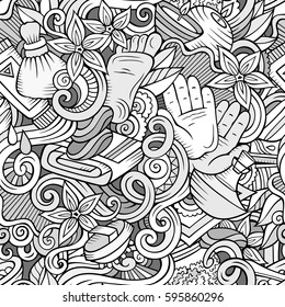 Cartoon cute doodles hand drawn Spa, Massage seamless pattern. Line art detailed, with lots of objects background. Endless funny vector illustration