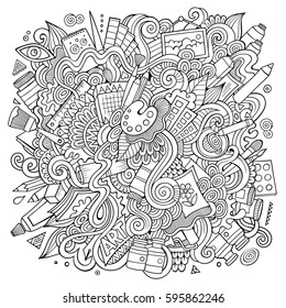 Cartoon cute doodles hand drawn Artistic illustration. Line art detailed, with lots of objects background. Funny vector artwork