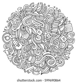 Cartoon cute doodles hand drawn Tea time illustration. Sketchy detailed, with lots of objects background. Funny vector artwork