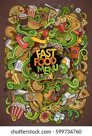 Cartoon cute doodles hand drawn Fastfood illustration. Colorful detailed, with lots of objects background. Funny vector artwork. Bright colors picture with fast food theme items