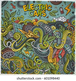 Cartoon cute doodles hand drawn electric cars frame design. Colorful detailed, with lots of objects background. Funny vector illustration. Bright colors border