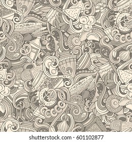 Cartoon cute doodles hand drawn Slavic food seamless pattern. Monochrome detailed, with lots of objects background. Endless funny cuisine vector illustration