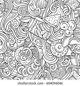 Cartoon cute doodles hand drawn Slavic food seamless pattern. Line art detailed, with lots of objects background. Endless funny cuisine vector illustration