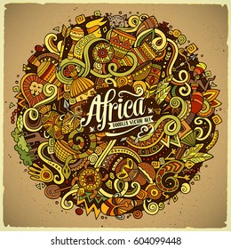 Cartoon cute doodles hand drawn Africa illustration. Colorful detailed, with lots of objects background. Funny vector artwork. Bright colors picture with african theme items