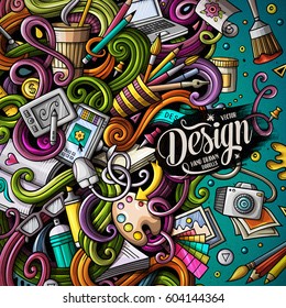Cartoon cute doodles hand drawn design frame concept. Colorful detailed, with lots of objects background. Funny vector illustration. Bright colors border with designer theme items