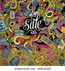Cartoon cute doodles hand drawn Sale frame design. Colorful detailed, with lots of objects background. Funny vector illustration. Bright colors border with Shopping theme items