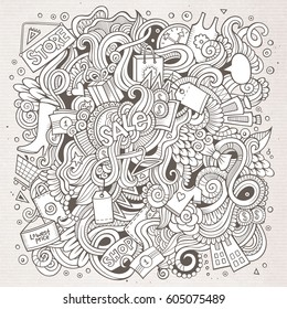 Cartoon cute doodles hand drawn Shopping illustration. Line art detailed, with lots of objects background. Funny vector artwork. Contour picture with Sale theme items.