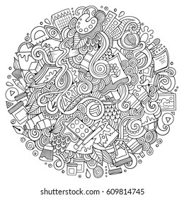 Cartoon cute doodles hand drawn Artistic illustration. Line art detailed, with lots of objects background. Funny vector artwork
