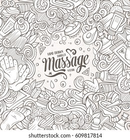 Cartoon cute doodles hand drawn Massage frame design. Line art detailed, with lots of objects background. Funny vector illustration. Vintage border with spa items