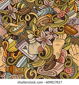 Cartoon cute doodles hand drawn Spa, Massage seamless pattern. Colorful detailed, with lots of objects background. Endless funny vector illustration