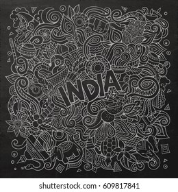 Cartoon cute doodles hand drawn India illustration. Chalkboard detailed, with lots of objects background. Funny vector artwork. Vintage picture with indian culture theme items