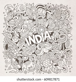 Cartoon cute doodles hand drawn India illustration. Line art detailed, with lots of objects background. Funny vector artwork. Vintage picture with indian culture theme items