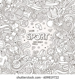 Cartoon cute doodles hand drawn Sport frame design. Line art detailed, with lots of objects background. Funny vector illustration. Vintage border with sports equipment items