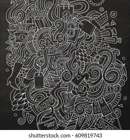 Cartoon cute doodles hand drawn Shopping illustration. Chalkboard detailed, with lots of objects background. Funny vector artwork. Contour picture with Sale theme items.