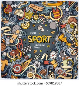 Cartoon cute doodles hand drawn Sport frame design. Colorful detailed, with lots of objects background. Funny vector illustration. Bright colors border with sports equipment items