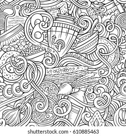 Cartoon cute doodles hand drawn Eastern Europe food seamless pattern. Line art detailed, with lots of objects background. Endless funny cuisine vector illustration