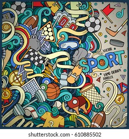Cartoon cute doodles hand drawn Sport frame design. Colorful detailed, with lots of objects background. Funny vector illustration. Bright colors border with sports equipment items