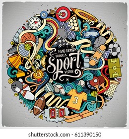 Cartoon cute doodles hand drawn Sport illustration. Colorful detailed, with lots of objects background. Funny vector artwork.