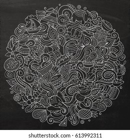 Cartoon cute doodles hand drawn India illustration. Chalkboard detailed, with lots of objects background. Funny vector artwork. Vintage picture with indian culture theme items