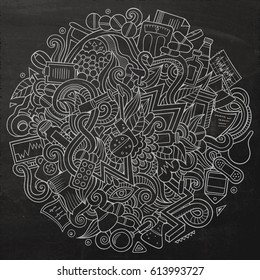 Cartoon cute doodles hand drawn Medical illustration. Line art detailed, with lots of objects background. Funny vector artwork. Chalkboard picture with Health theme items