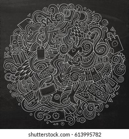 Cartoon cute doodles hand drawn Shopping illustration. Chalkboard detailed, with lots of objects background. Funny vector artwork. Contour picture with Sale theme items.