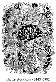 Cartoon cute doodles hand drawn Electric cars illustration. Line art detailed, with lots of objects background. Funny vector artwork. Contour picture with eco vehicles theme items