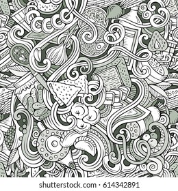 Cartoon cute doodles hand drawn Slavic food seamless pattern. Monochrome detailed, with lots of objects background. Endless funny cuisine vector illustration